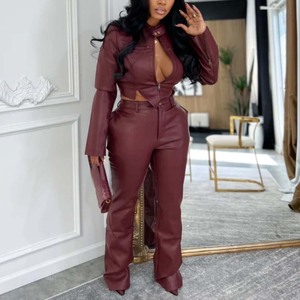 Conjuntos de Chaquetas y Pantalones de Manga Larga de PU Sólido para <span class=keywords><strong>Mujer</strong></span>, Trajes Casuales de Invierno - Product Image 2