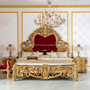 Letto King Size di Lusso in Velluto Rosso <span class=keywords><strong>Rubino</strong></span>, Stile Classico Turco con Cornice in Legno Massiccio Intagliato, Colore Personalizzabile, Set Camera da Letto - Product Image 1