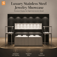 Vitrine à bijoux de luxe en acier inoxydable et verre trempé, étanche et écologique, avec éclairage LED et miroir au dos, pour magasin de détail moderne