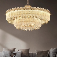 Lustre LED en cristal moderne de luxe à double couche et hauteur réglable, idéal pour hôtels, salles de banquet, villas et halls.
