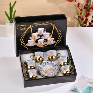 Nouvelle collection 2026 : Coffret cadeau de 6 tasses à thé et soucoupes en céramique écologiques, design européen en relief, avec tasses à café de luxe plaquées or - Product Image 3