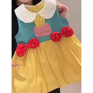 Girls Sleeveless Dress With Peter Pan Collar And Bowknots Yellow Blue Red Polka Dot Design For Summer Wear - Product Image 3
