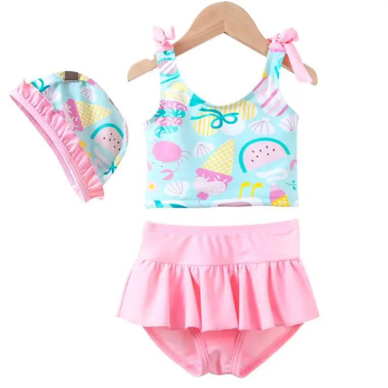 2021 new arrival Toddler Girl Bikini 2 3 pcs Halter Ruffles off shoulder Top Bloomers Swimsuit Set for 1-8T
