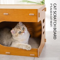 Maison pour chats à deux niveaux en bois et papier écologiques, idéale pour le repos et l'affûtage des griffes des chats.