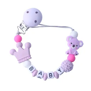 Attache-tétine en silicone pour bébé, fait main, avec nom personnalisé, couronne en silicone, porte-sucette de koala