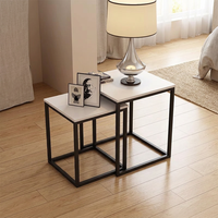 Ensemble de deux tables d'appoint contemporaines avec plateau en panneau de bois et pieds en fer, finition thermolaquée, montage facile, pour le mobilier de salon