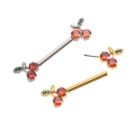 Anneau de piercing en acier inoxydable ASTM F136 plaqué or PVD, sans filetage, à enfiler, en forme de cerise, avec zircon, pour piercing corporel