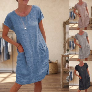 Women Casual <b>Vintage</b> Breathable Linen Cotton Mini Dress O-Neck Short Sleeve Loose Fit with Pockets Asymmetrical Hem Summer Wear - Product Image 3