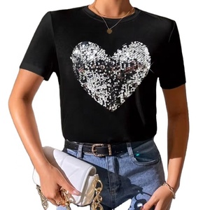 Produttore all'ingrosso <span class=keywords><strong>di</strong></span> cotone Spandex girocollo manica corta t-Shirt personalizzata oversize cuore lucido paillettes t-Shirt per le donne - Product Image 2