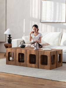 Square Solid Wood Coffee Table Wabi-Sabi Inspired 360 <b>Rotation</b> Ornamentation Deep Texture Cutout Design Home Hotels - Product Image 3