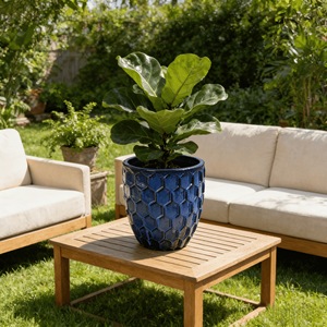 Pot de fleurs en céramique bleu royal de style américain à motif nid d'abeille - Écologique, durable, décoratif, avec trou de drainage pour - Product Image 2