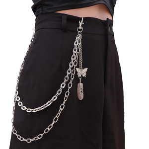 <b>Feather</b> Butterfly Tassel Pendant Double Layer Metal Waist Chain Hip Hop Fashion Unisex Daily Wear Tibetan <b>Silver</b> - Product Image 1