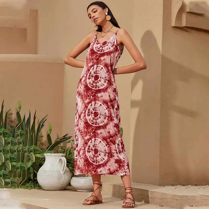 2023 Vestido Mujer autumn new European women Bohemian back halter chiffon fashion red dress Print Maxi Floral Long Beach