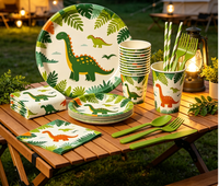 Ensemble de vaisselle jetable pour fête sur le thème des dinosaures, assiettes, gobelets et serviettes imprimés de dinosaures de dessins animés, pour anniversaire d'enfants