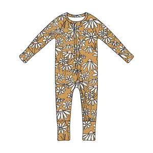 Qingli OEM Wholesale Toddler Daisy Printed Long Sleeve Baby Girl Bamboo Rompers