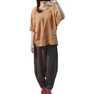 Летние новые трендовые льняные Топы с коротким рукавом в китайском стиле рубашки для женщин