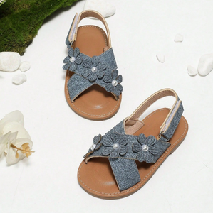 Sandales pour filles, mode, fleurs, princesse, boucle arrière, bande magique, sandales plates en denim pour filles - Product Image 3