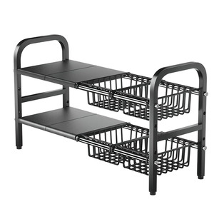 Organisateur d'évier de cuisine en métal à 2 niveaux, plateau de rangement extensible à longueur réglable, support autoportant à double niveau - Product Image 1
