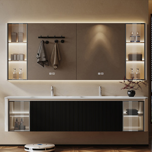 Mueble de Baño Moderno de Lujo con Lavabo Doble, Mueble Independiente con Gabinete de Madera Sólida - Product Image 1