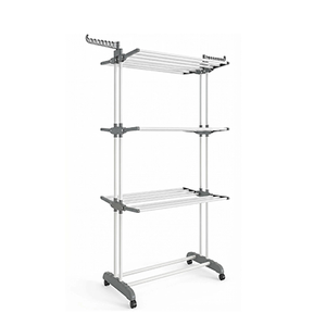 ราวตากผ้าพับได้แบบมีปีกและล้อ พร้อมที่วางของและชั้นวางแบบขั้นบันได - Product Image 1