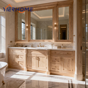 Meuble-lavabo double vasque moderne classique sur pied en bois massif, assemblage modulaire avec armoire miroir - Product Image 2