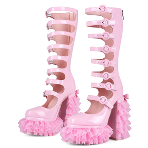 Summer Cut Out Knee High <b>Boots</b> Women Buckles Thick Lace Platform Chunky Heels Back Zipper Patent Long Booties Big Size 47 Shoes - Product Image 2