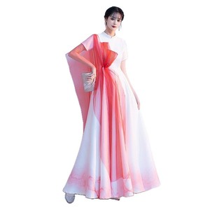 Women's Chinese Style Long Dress Stand Up Collar Short Sleeve Red Gauze Performance Wear Stage Costume Coming Of Age Ceremony - Product Image 5