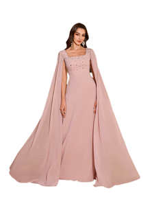 Robe de soirée Maxi en mousseline de soie à manches longues et fente au sol pour femmes de grande taille col <span class=keywords><strong>carré</strong></span> avec strass et paillettes - Product Image 1
