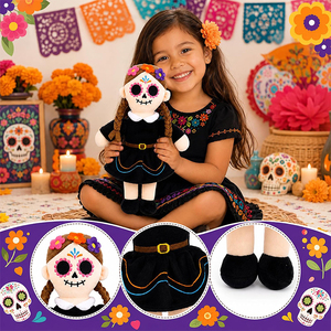 Muñeca <span class=keywords><strong>de</strong></span> Peluche Personalizada del Día <span class=keywords><strong>de</strong></span> <span class=keywords><strong>Muertos</strong></span>, Figura <span class=keywords><strong>de</strong></span> Peluche <span class=keywords><strong>de</strong></span> Niña Calavera con Trenzas, Vestido Negro y Diadema Floral para Decoración Cultural - Product Image 3