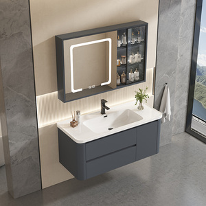Mueble de Baño Moderno de Madera Sólida para Hotel, Espejo Inteligente con Iluminación LED, Lavabo de Cerámica Resistente al Agua, Gabinete de Almacenamiento Montado en la Pared - Product Image 5