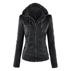 <span class=keywords><strong>Veste</strong></span> de motard en <span class=keywords><strong>simili</strong></span> <span class=keywords><strong>cuir</strong></span> à capuche amovible pour femmes - Product Image 1