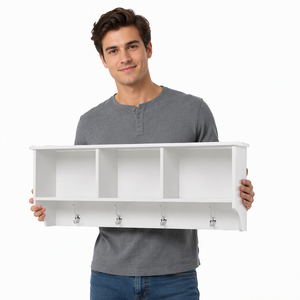 Appendiabiti <span class=keywords><strong>da</strong></span> <span class=keywords><strong>Parete</strong></span> Moderno in Legno con Mensola, Unità a Muro 3 Componenti 4 Ganci Bianco - Product Image 6