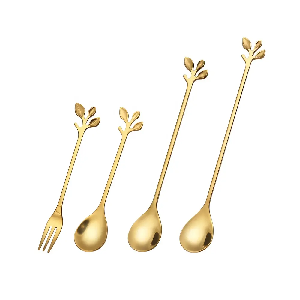 Gold metal lovely coffee spoons stainless steel long silver tea spoon leaf design dessert mixing spoons