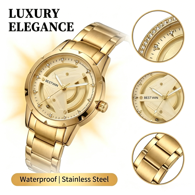 Gold Plated Men Quartz Watch Stainless Steel Band Diamond Bezel Elegant Dress Wristwatch Waterproof Clock Gift