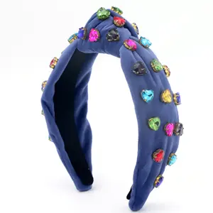 Colorful Rainbow heart Crystal Handmade Christmas Holiday Headbands with Navy Blue Velvet Fabric Custom Headbands