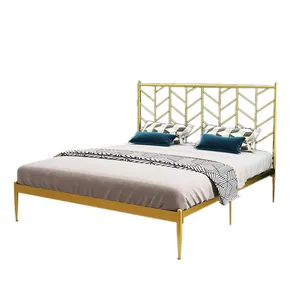 China modern designs bedroom furniture golden iron metal king queen size luxury double bed designs