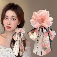 Superbe chouchou polyvalent noir, blanc et rose, printemps-été, nouveau style coréen, floral, fait main, haute élasticité, nœud papillon, fête, femme