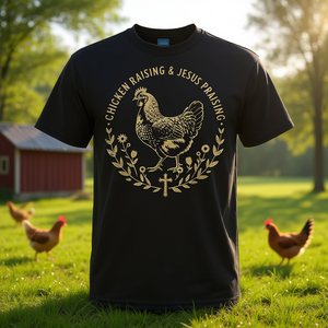 Camiseta para mujer con estampado de pollos y Jesús, color negro y dorado, temática religiosa de granja - Product Image 3