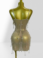 Robe mini transparente en maille pour femme, robe de soirée moulante à fleurs colorées, strass, franges, perles, bretelles fines