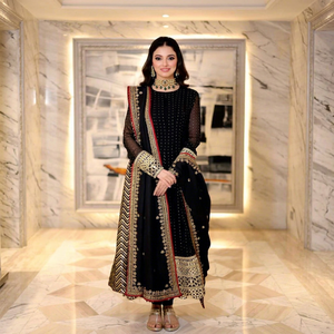 Black Gold Embroidered Anarkali Suit With Dupatta Floor Length Traditional Indian Pakistani Women Party Wear Regular Fit - Product Image 1