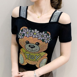 Yuhong Nuevo Diseño Blusa de Mujer con Pedrería de Pájaro, Sexy, con Hombros Descubiertos, Brillante, con Lentejuelas, <span class=keywords><strong>Camiseta</strong></span> de Manga Corta para Discoteca, Fiesta - Product Image 5