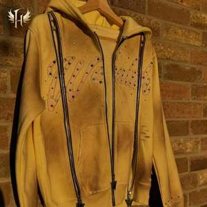 Sudadera con capucha corta premium para hombre, de invierno, con triple cremallera, 100% algodón, oversize, lavada, efecto descolorido por el sol, forrada, con pedrería bordada - Product Image 6