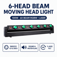 Projecteur à tête mobile 6 faisceaux 6 lasers RGBW, Combo Laser Beam, Barre de scène DMX512 8 13 38 CH, Axe Y 180°, Large plage de tension AC110 220V