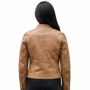 Chaqueta Corta de Piel de Cordero Premium para Mujer, Color Beige Oscuro, 100% Piel de Cordero Real, Cierre de Cremallera Tejida, Corte Moderno, Primavera - Product Image 3