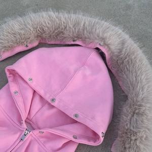 Schwerer französischer Terry Winter rosa <span class=keywords><strong>Hoodie</strong></span> Benutzer definiertes Logo Digital gedruckte Männer Regular Fit Abnehmbare Kunst pelz Reiß verschluss Casual Hoodies - Product Image 2