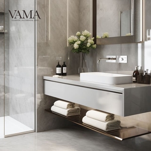 VAMA Coiffeuse de salle de bain suspendue au mur avec dessus en pierre artificielle AN07-7 design ouvert personnalisé - Product Image 5