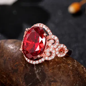 草石红色椭圆形立方氧化锆复古玫瑰金电镀优雅女性戒指订婚大红宝石戒指女性