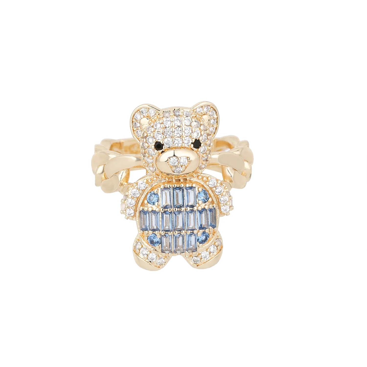 Cá nhân hip hop 14K mạ vàng dễ thương động vật màu xanh gấu Cubic Zirconia Đồng teddy bear Nhẫn