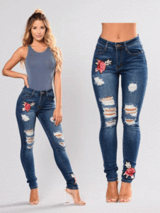Jeans en denim pour femmes avec broderies et déchirures, <span class=keywords><strong>coupe</strong></span> slim taille mi-haute, pantalon long en bleu foncé et bleu clair, mélange de coton, chic décontracté - Product Image 2