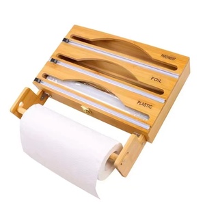 Bamboo Food Foil Plastic Wrap Dispenser Parchment Paper Napkin Towel Holders Storage Organizer Box with Cutter